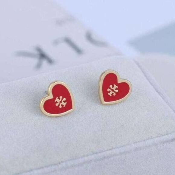 NWOT Tory Burch Gold Logo, Red Enamel Heart Stud Earrings - Picture 1 of 7